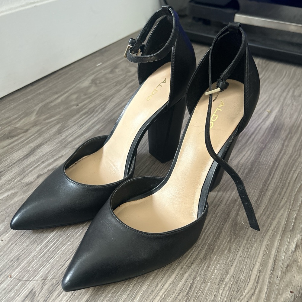 Aldo Black Pointed-Toe Ankle Strap Block Heels